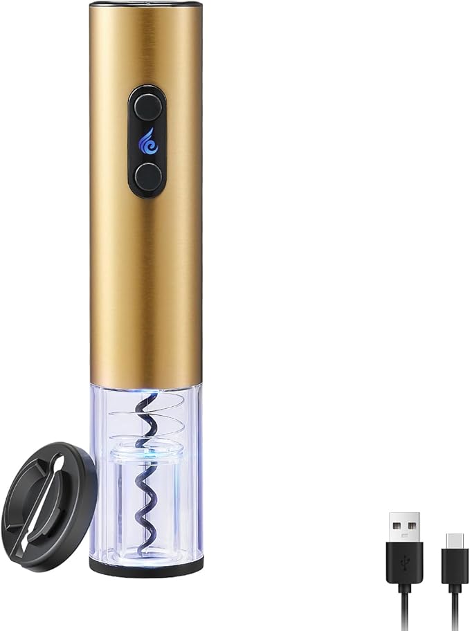 Rechargeable Wine Opener by ELMWAY, Electric Wine Bottle Opener with Foil Cutter, LED Light and Stainless Steel Shell, Cordless Corkscrew & Cork Remover, Gifts for Wine lover- Gold