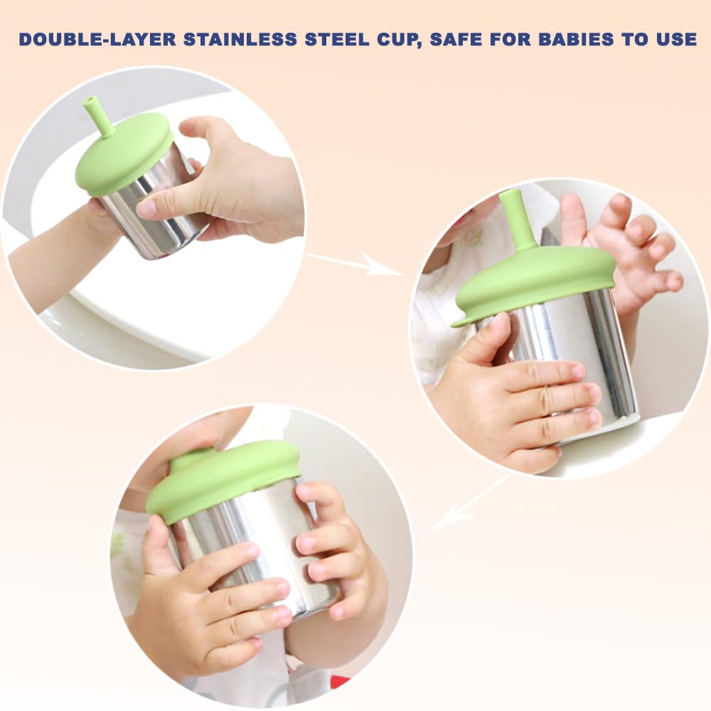 MYCOKI SP Baby Sippy Cup, Double-walled Stainless Steel Kid Mug, Silicone Break Resistant Straw Lid for Infants 6-12 Month Toddlers 1-3 Year Kids, 200ml Kid Water Drinking Cup (Green, 1pc)