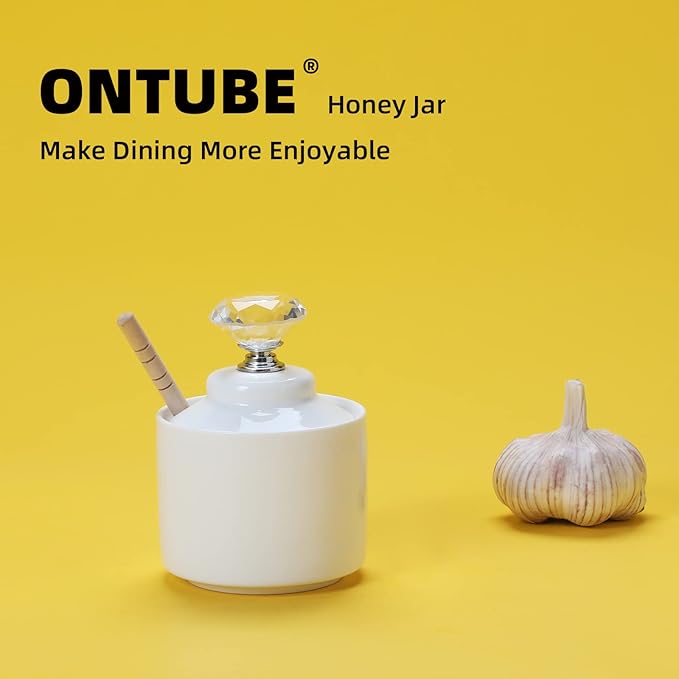 ONTUBE Ceramic Honey Jar with Dipper and Crystal Lid, Small Honey Pot for Home Kitchen, 8oz (Silver)