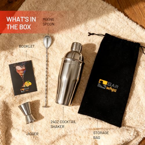 Cocktail Shaker Set, 24oz Stainless Steel Bartender Kit with Measuring Jigger & Mixing Spoon,Cocktail Recipe,Professional ...