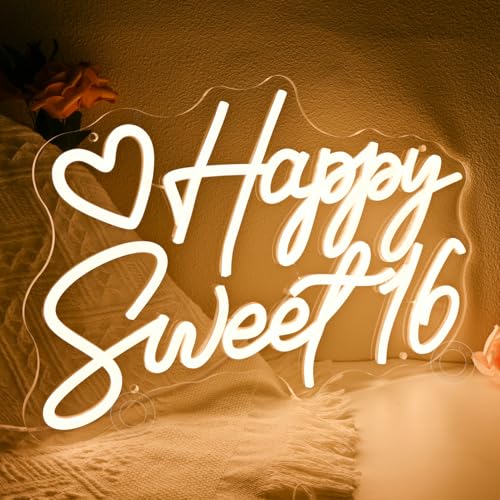 SYLHOME Happy Sweet 16 Led Neon Light Sign Happy 16th Birthday Party Backdrop Wall Sign Decor Sixteen Birthday Banner 15.7...