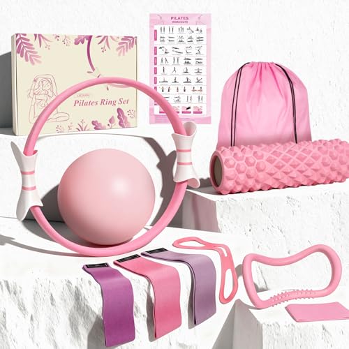 LZCDUDU Pink Pilates Ring Kit with 14.5 inch Magic Circle & Foam Roller, Ergonomic Home Workout Equipment Set, Full Pilate...