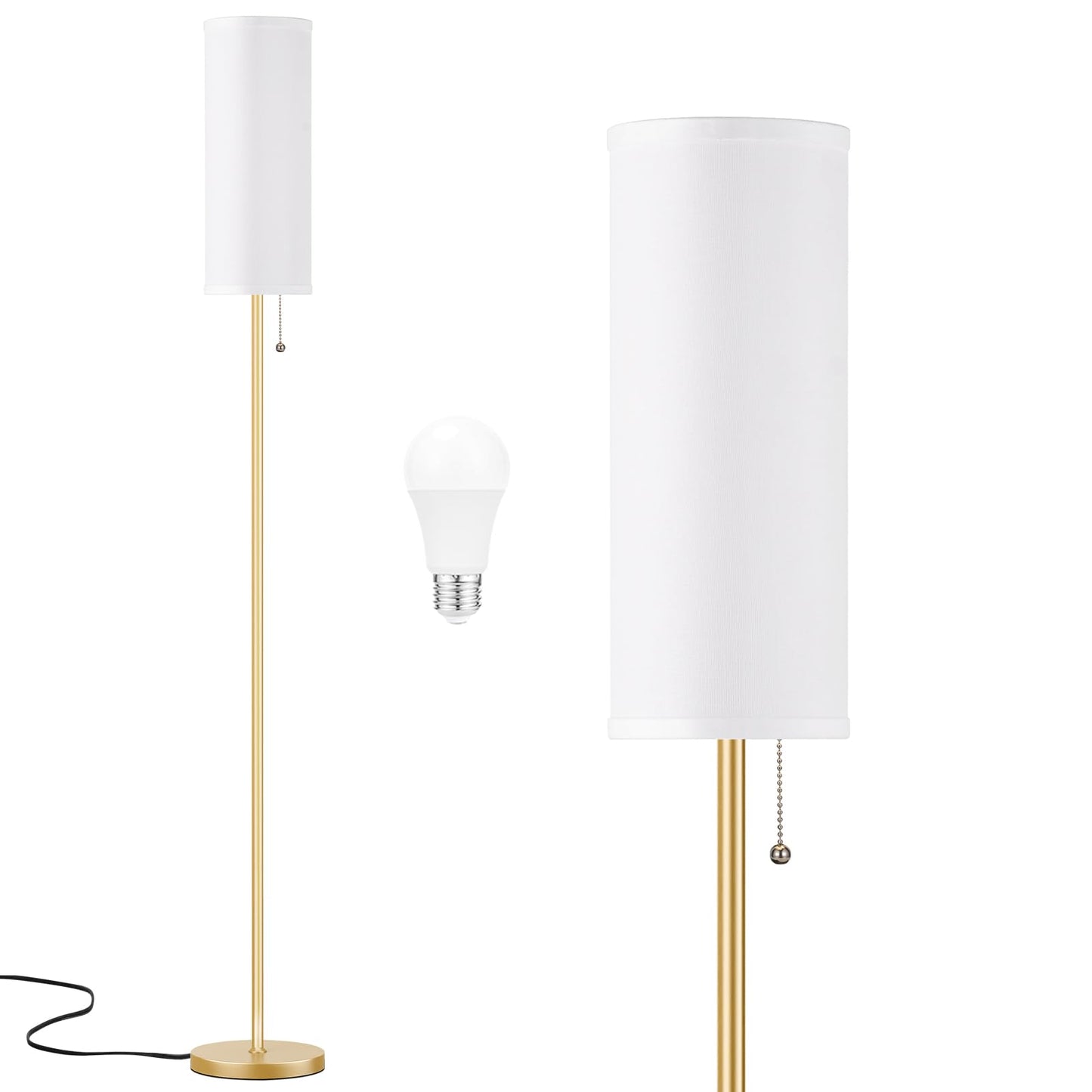 Ambimall Floor Lamp, 64in Minimalist Standing Lamp, Metal with Linen Shade, 3 Color Temperatures, White & Gold, Model RPT-ZGB20213