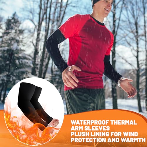 Cutecrop 2 Pairs Waterproof Thermal Arm Sleeves for Men Fleece Compression Arm Warmers for Winter Outdoor Cycling Running