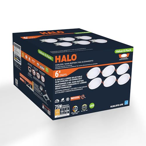 HALO HLB 6 inch LED Recessed Lighting Canless Dimmable Ceiling and Shower Light with Selectable Lumens and Color Temperature 2700K-5000K Wet Location Indoor Outdoor Sofit Downlight - HLBLSFS5-6PK