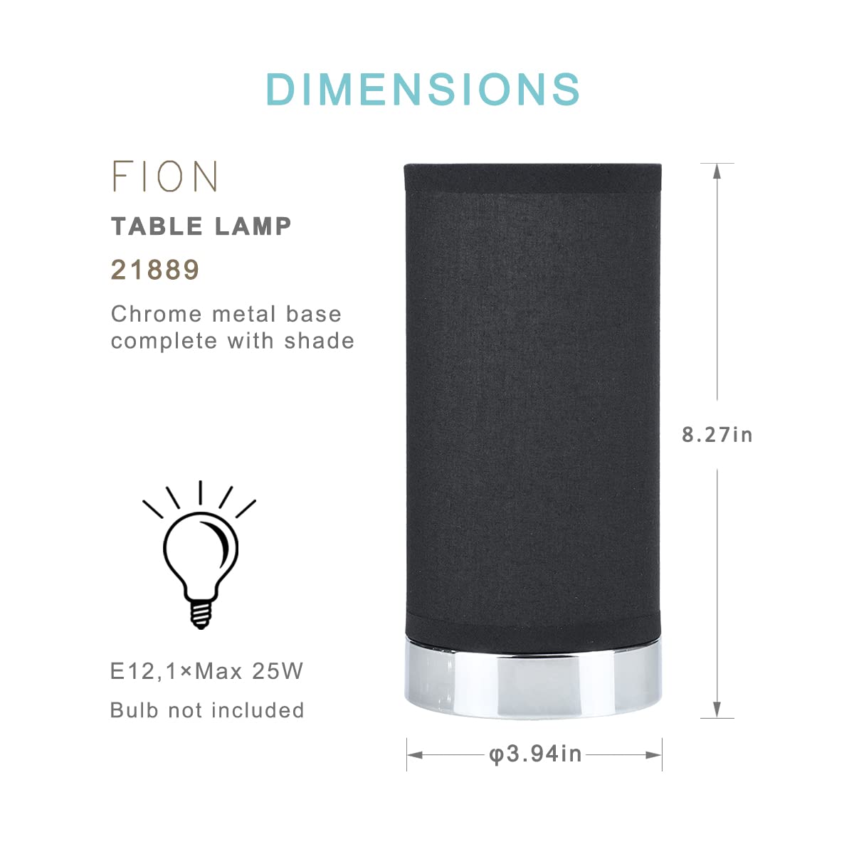 Lampwell FION Small Table Lamp, Metal and Fabric, Pure Black, F3.94×H8.27IN, Model 21889, Bulb Excluded
