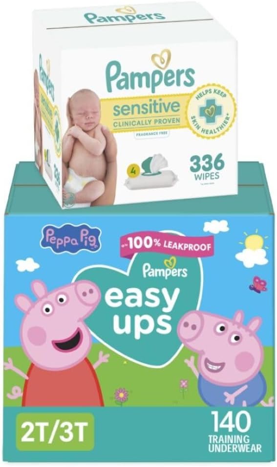 Pampers Easy Ups Pull On Training Pants Peppa Pig, 2T-3T, One Month Supply (140 Count) with Sensitive Water Based Baby Wip...