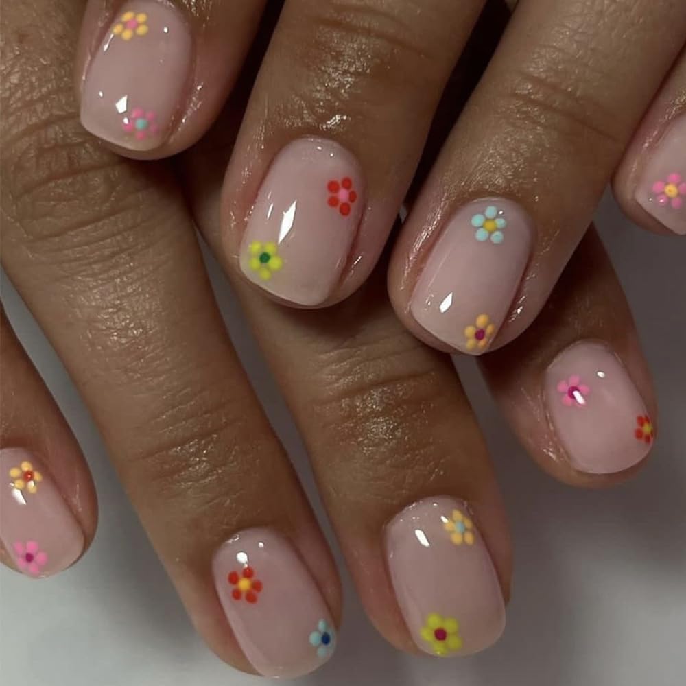 MRSCOL Press on Nails,Oval Press on Nails with 3D Multi-colored Flowers Design,Short Reusable 24pcs Nail Kit with Glue