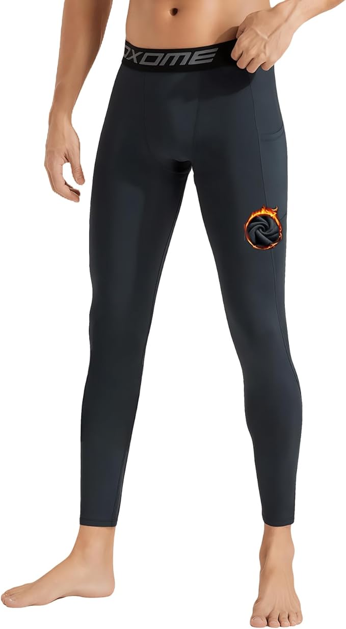 Roxdme Men Thermal Compression Pants Fleece Lined Tights Athletic Heated Leggings Cold Weather Baselayer Winter Gear Pockets