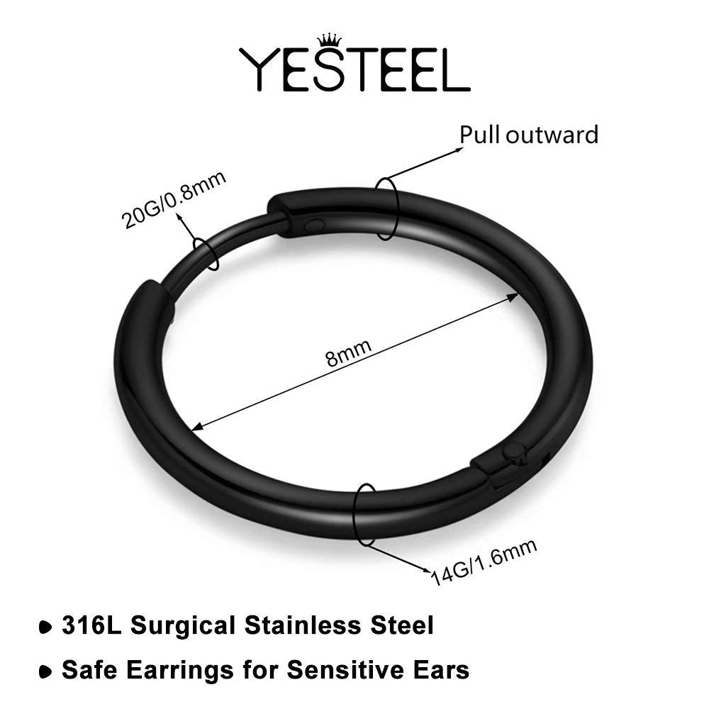 8MM Surgical Steel Hoop Earrings, Black Mens Hoop Earrings Hypoallergenic, 20G Hugging Earring for Women 316L Surgical Stainless