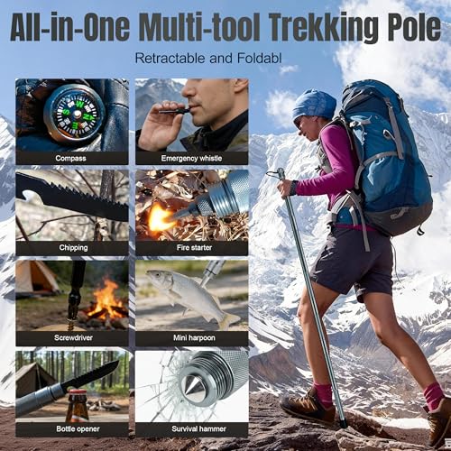 Tactical Survival Walking Stick, 16-in-1 Hiking Staff Heavy-Duty Collapsible Multitool for Camping, Reliable Tactical Kit ...