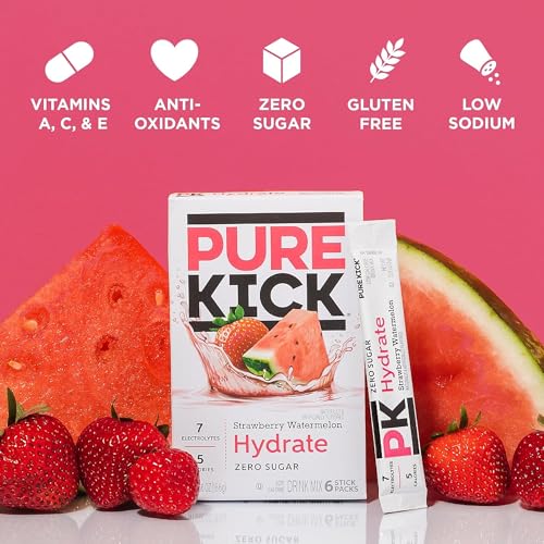 Pure Kick Hydration Singles To Go Drink Mix Strawberry Watermelon, 6 Boxes with 6 Packets Each -36 Total Servings