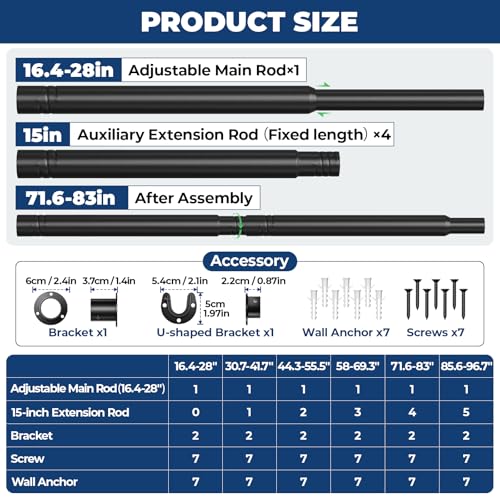 Mavivegue Closet Rod, 17 to 84 Inch Adjustable Closet Rods for Hanging Clothes, Heavy Duty Tension Rod, Black Curtain Rod,...