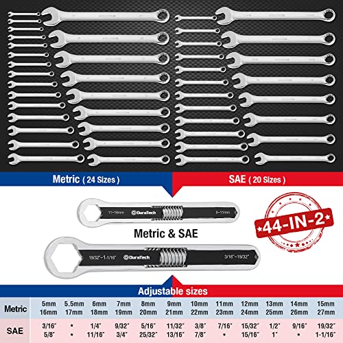DURATECH Universal Wrench Set, Adjustable Wrench Set, SAE & Metric, 8-inch&10-inch, 44 sizes in 2 Piece, Drop Forged, ANSI...