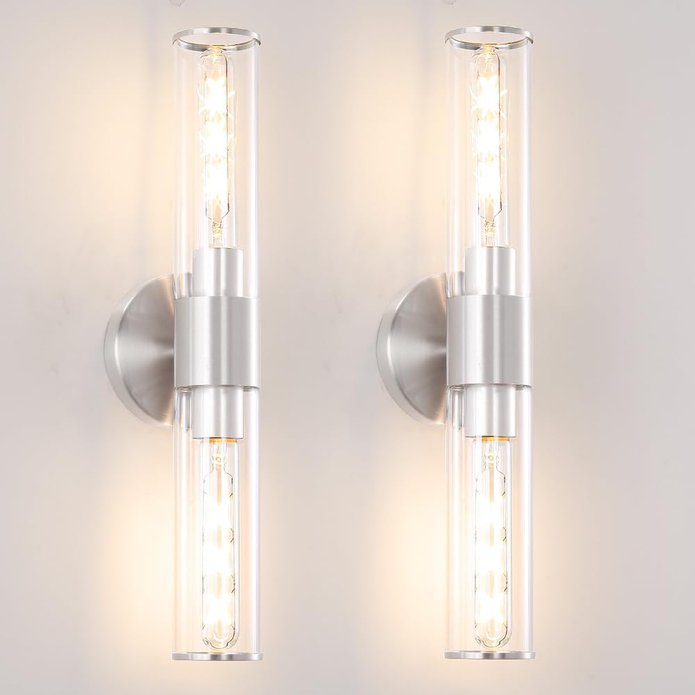 Brushed Nickel Bathroom Sconces Set Of 2  Modern Wall Sconce Lighting With Clear Glass  Harded Wired Wall Sconces Set Of Two  Wall Light Fixtures Over Mirror  Sconces Wall Lighting For Laundry  Porch