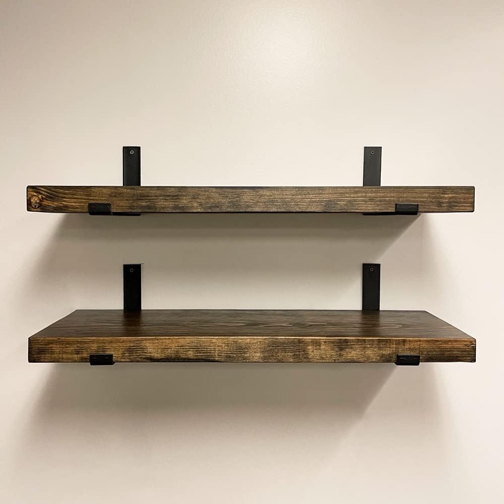 Rustic Shelves with J-Brackets Set of 2, Industrial Shelf, Kitchen Shelves, Solid Wood, Decorative Wall Storage, Heavy Duty, URBANDI (Dark Brown, 12Wx6D)