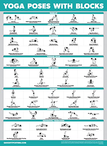 2 Pack - Yoga Block Poses + Stretching Exercise Poster Set - Yoga Positions with Blocks Chart - Set of Two Fitness Charts