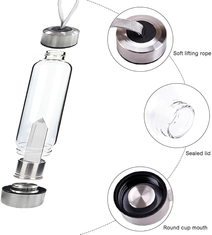 Crystal Glass Water Bottle,Water Bottle With Gemstone Center Crystal Elixir Bottle,Removable Gemstones Creative Water Cup Crystal Column Magic Wand Energy Cup for Gifts (S-White Smelting Stone)