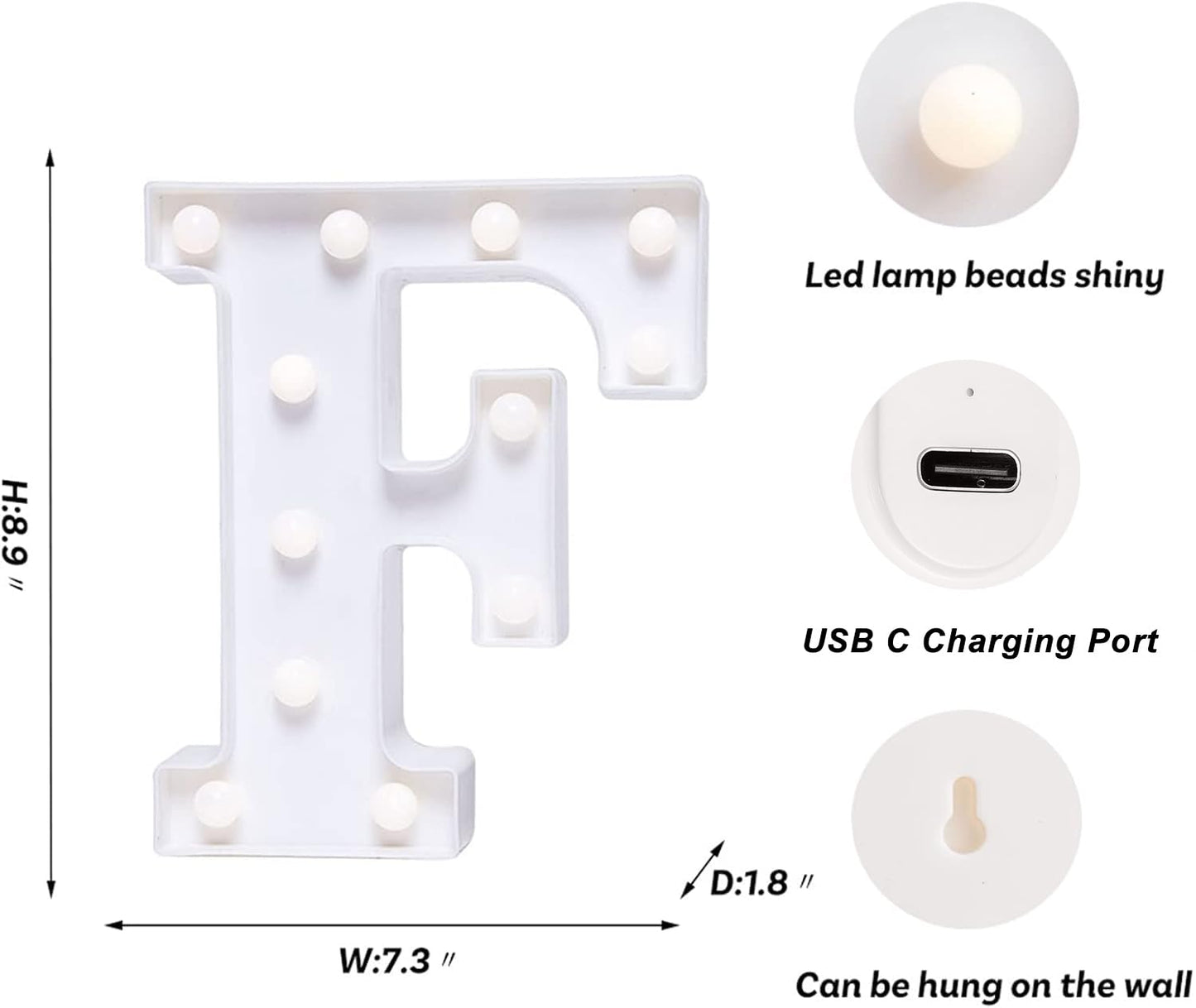 Foaky LED Letter Lights Sign, Rechargeable Warm Light, Model Recharge-ABS, Size F, Plastic Decoration for Parties and Home