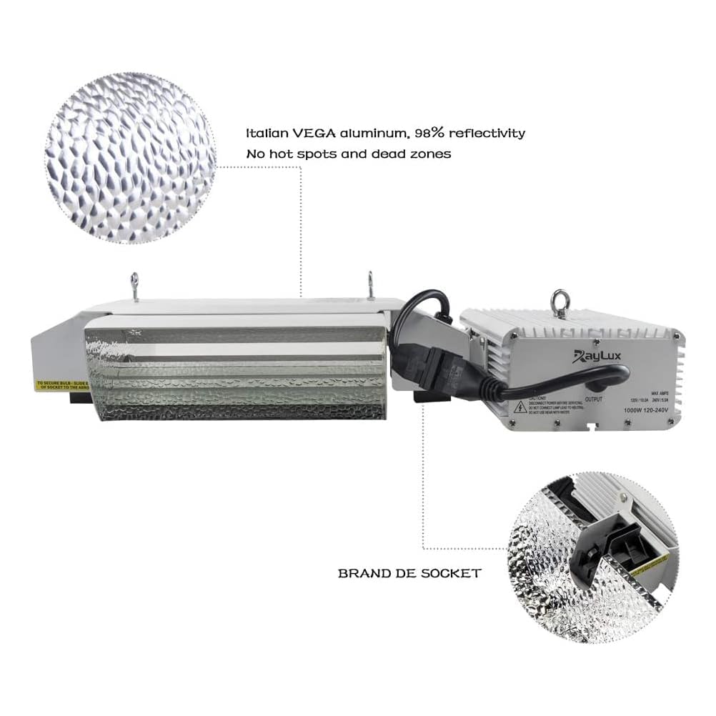 Generic Raylux 1000W Grow Light System, DE HPS Bulb, Open Style Reflector, Aluminum, Silver, with Controller Port