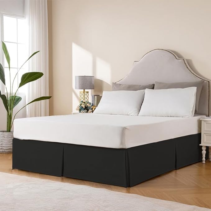 MIYE Pleated Waffle Weave Bed Skirt, Tailored Dust Ruffle 14 Inch Drop Easy Fit, Machine Washable (Black, Full - 14" Drop)