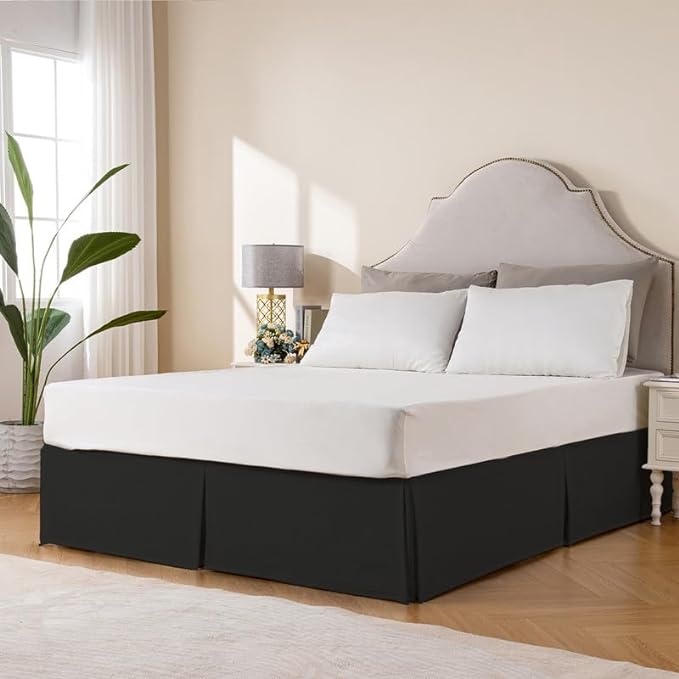 MIYE Pleated Waffle Weave Bed Skirt, Tailored Dust Ruffle 18 Inch Drop Easy Fit, Machine Washable (Black, King - 18" Drop)