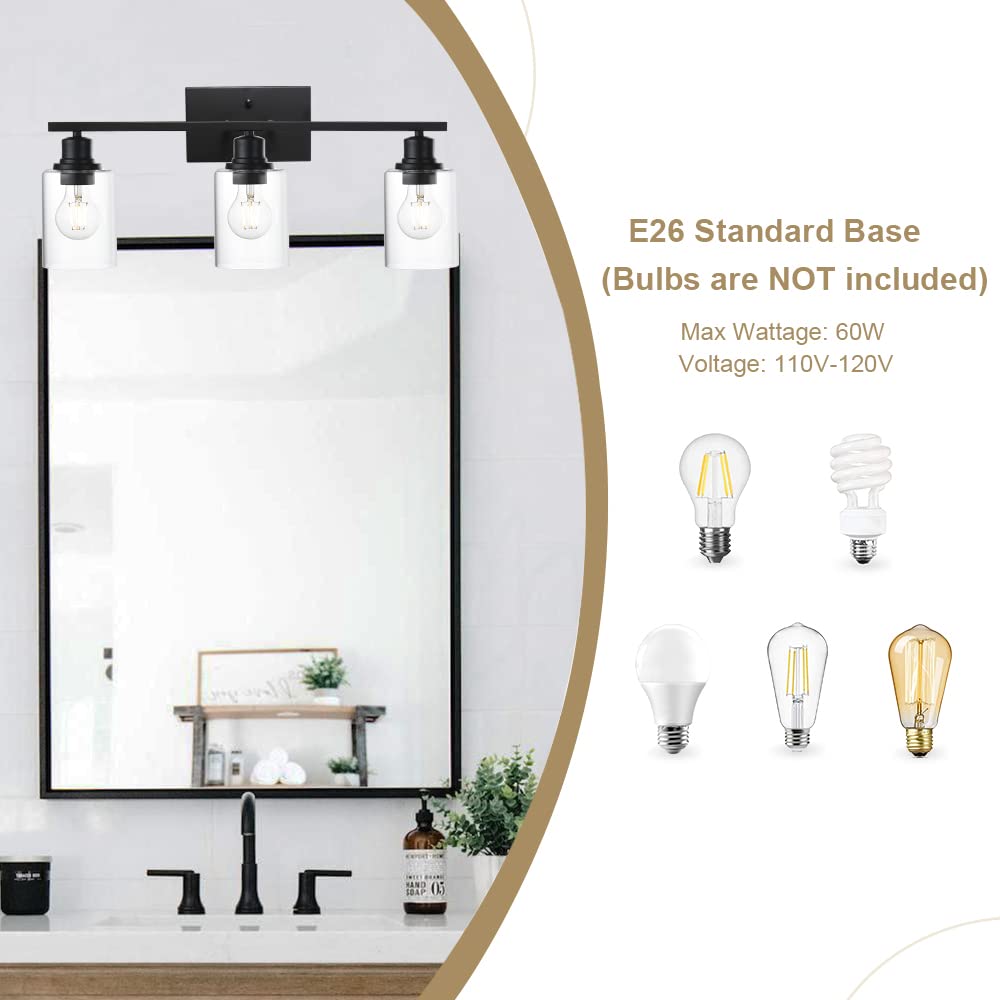 Vinluz Matte Black Vanity Light For Bathroom 3 Light Farmhouse Indoor Bathroom Lighting Fixtures Over Mirror With Clear Glass Shade For Dressing Table
