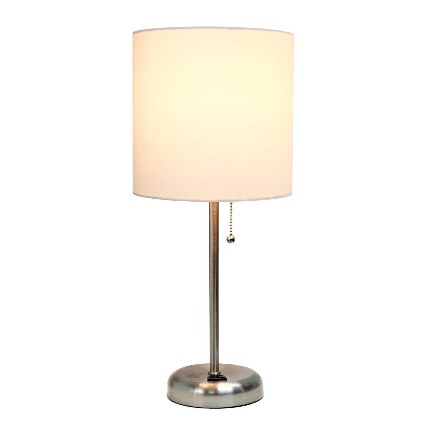 Simple Designs LT2024-WHT Table Lamp Pack of 2, Brushed Steel/White with Charging Outlet and Drum Fabric Shade