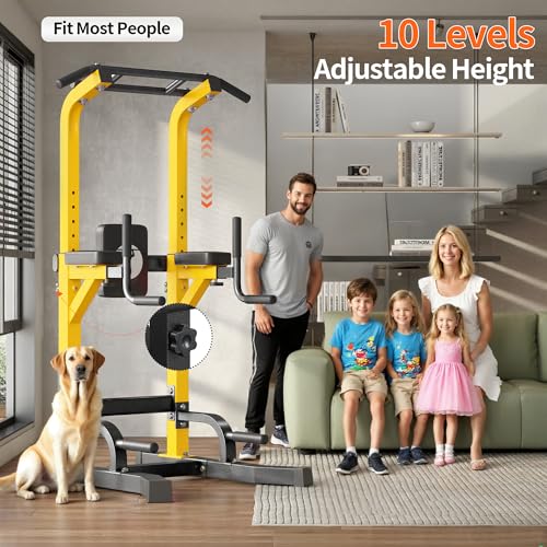 SogesHome Power Tower Pull Up Bar Dip Stand, 10 Adjustable Height Free Standing Assistive Trainer Dip Station, Multi-Funct...