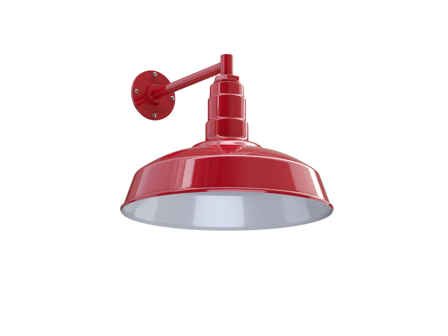 Steel Lighting Co. Gardena Barn Light - Outdoor Wall Mounted, 16in Dome, 11in Straight Arm, Red Exterior/White Interior, Dusk to Dawn
