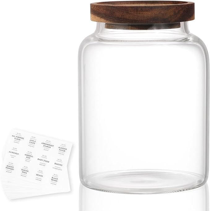 High Borosilicate Glass Jar with Airtight Acacia Lid and 132 Kitchen Panty Labels Preprinted - 43 Fl Oz Thicken Glass Food Storage Container Canister for Coffee Bean, Candy, Cookie, Tea, Sugar