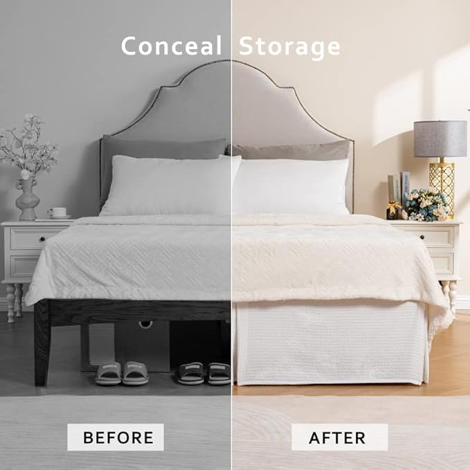 MIYE Pleated Waffle Weave Bed Skirt, Tailored Dust Ruffle 22 Inch Drop Easy Fit, Machine Washable (White,Cal King - 22" Drop)