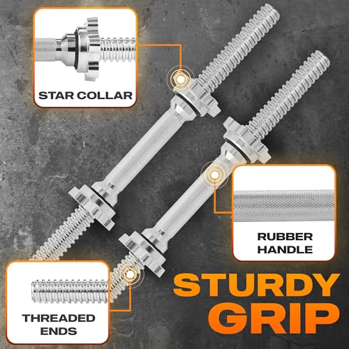 Yes4All Pair of Threaded Dumbbell Handles with Collars 14/16/18/24 inch, Chrome/Rubber Grip, Fit 1”/ 1.15" Plates, Weight ...