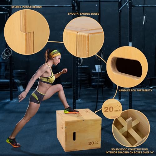 Yes4All Plyo Box, 3-in-1 Wooden Box Jumps for Home Gym, 450 lbs Boxes Step Up with Smooth Edges & Wide Built-in Handles fo...