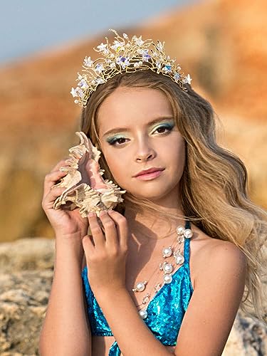 SWEETV Mermaid Tiara for Girls Women, Gold Princess Crown Diadem, Jeweled Headpiece Costume Hair Accessories for Birthday ...