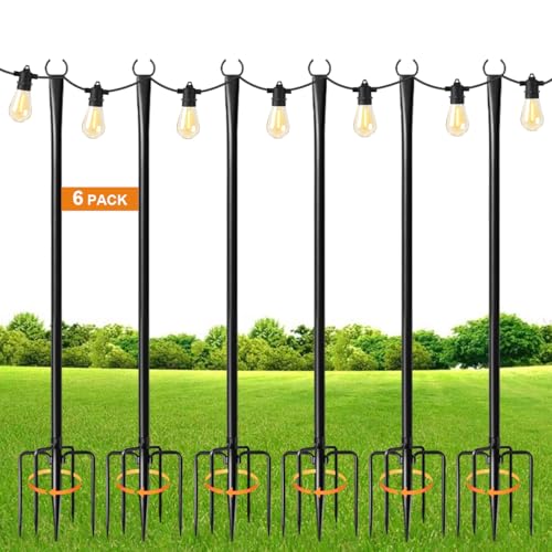 MuliVid 6 Pack 9FT String Light Poles for Outdoor,Metal Lights Hanging Pole Outside with Fork,Light Stand for Patio, Pergo...