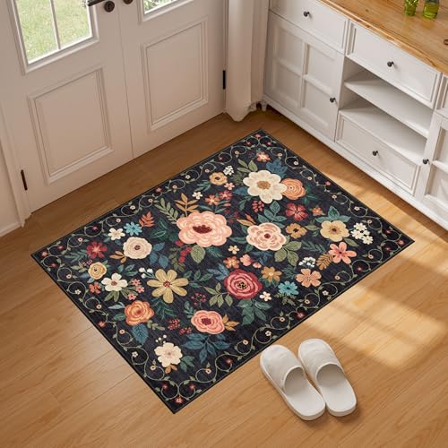 DUKINO 2x3 Rugs for Entryway, Floral Indoor Washable Door Mat, Non Slip Boho Small Rug for Kitchen, Soft Low Pile, Front D...
