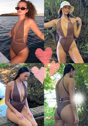 ZAFUL Women's One Piece Swimsuit Deep V Neck Ribbed Self Tie Sexy High Cut Bathing Suit Crisscross Back Swimwear