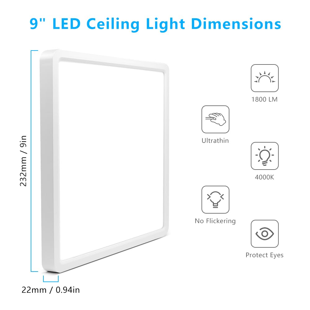 9Inch 18W Square Led Ceiling Light Fixtures Flush Mount  4000K Natural White Led Ceiling Lamp  Surface Mount Modern Ceiling Lights  Slim Flat Panel Lighting For Bedroom  Kitchen  Bathroom Etc.