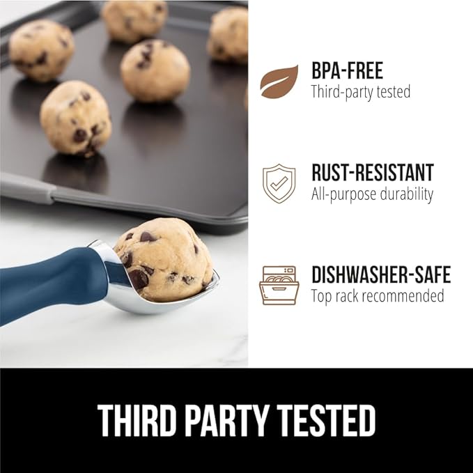 GORILLA GRIP BPA-Free Heavy Duty Ice Cream Scoop, Comfortable Ergonomic Handle, Professional Grade Scooper for Perfect Round Scoops, Spoon Frozen Hard Gelato, Sorbet, Cookie Dough, Kitchen Tool, Blue