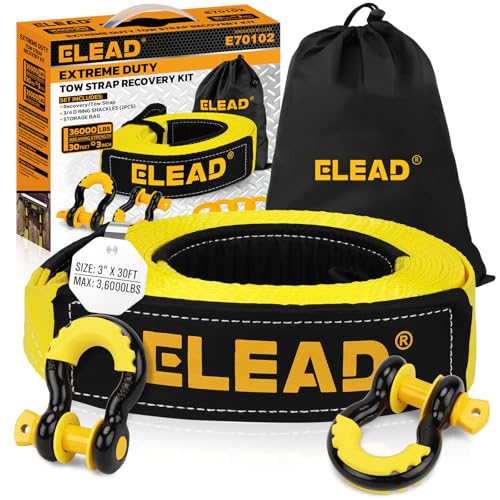 ELEAD Recovery Tow Strap Heavy Duty with Hooks 3" x 30Ft - 36000 LBS Break Strength, 3/4 D Ring Shackles (2pcs), Emergency...