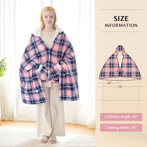 PTQ Electric Blanket Wearable Heated Shawl with Hood & Pockets – 6 Heat Settings, 4H Auto-Off, Flannel & Sherpa Reversibl...