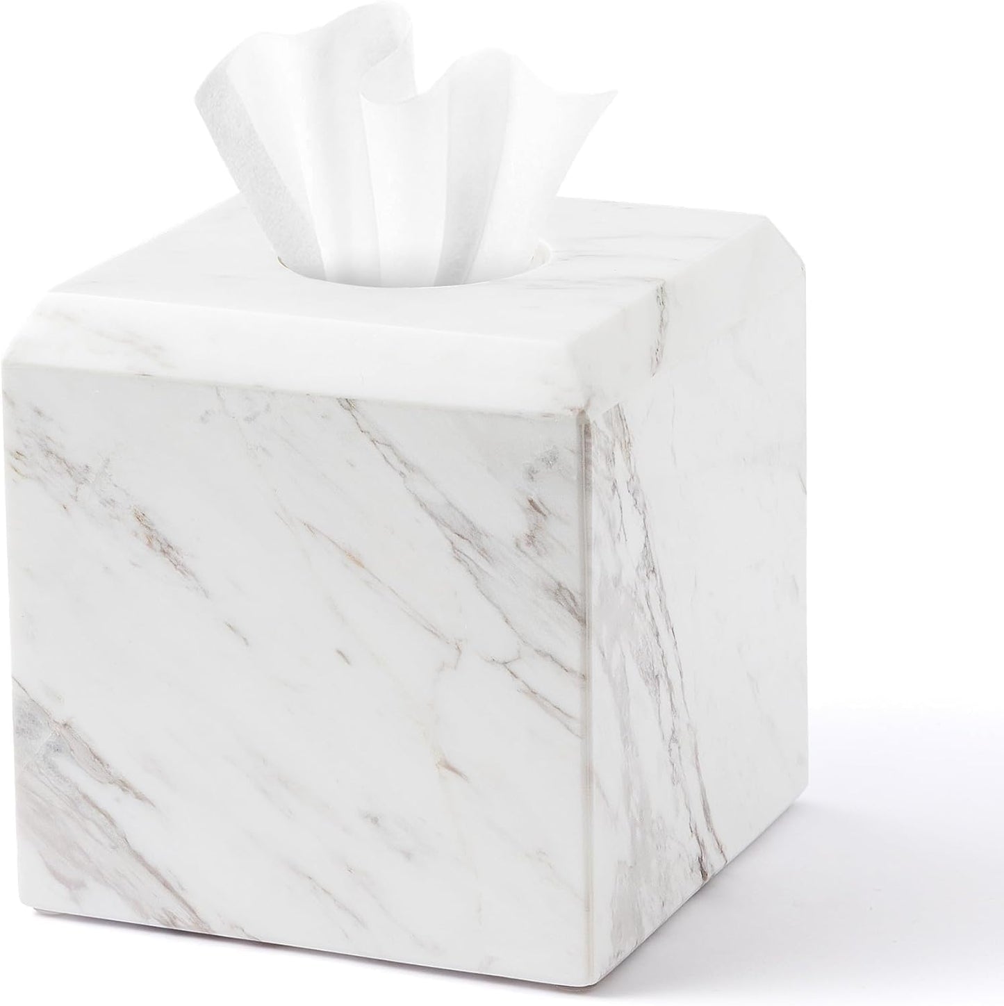 WORHE Tissue Box Cover Italy Natural Marble Heavy Duty Square Facial Toilet Paper Holder for Bathroom Living Room Bedroom Dresser Vanity Kitchen Minimalistic Office Home Decor Jazz White (WH014)