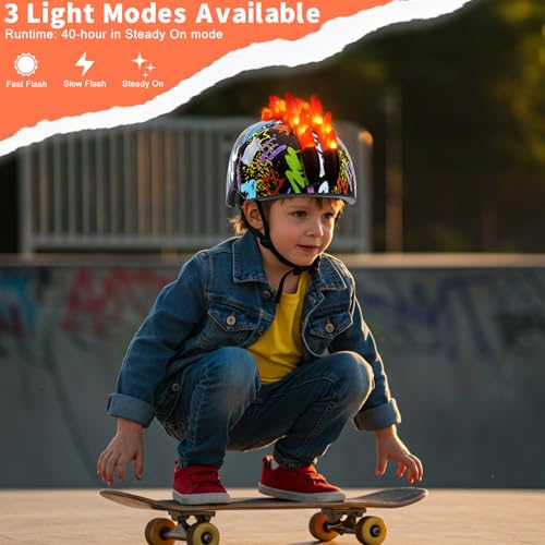 Toddler Bike Helmet with LED Lights, Kids Helmet for Boys 3-8 Years, Adjustable Kids Bike Helmets Toddler Helmets for Bicy...