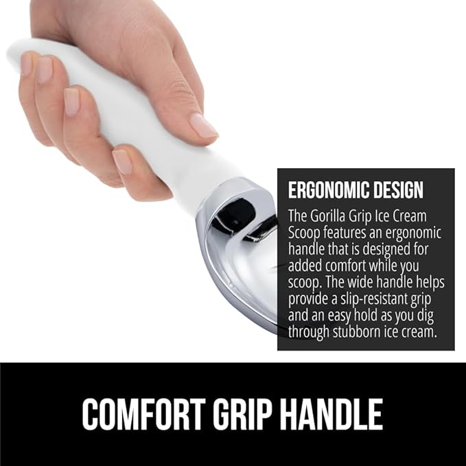 GORILLA GRIP BPA-Free Heavy Duty Ice Cream Scoop, Comfortable Ergonomic Handle, Professional Grade Scooper for Perfect Round Scoops, Spoon Frozen Hard Gelato, Sorbet, Cookie Dough, Kitchen Tool, White