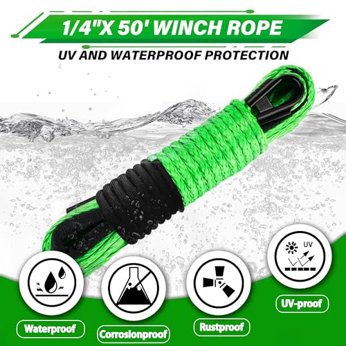 TYT Synthetic Winch Rope Kit - 1/4'' x 50' with 10000 lbs Strength, Protective Sleeve, Heavy Duty Hook, Rubber Stopper, & ...