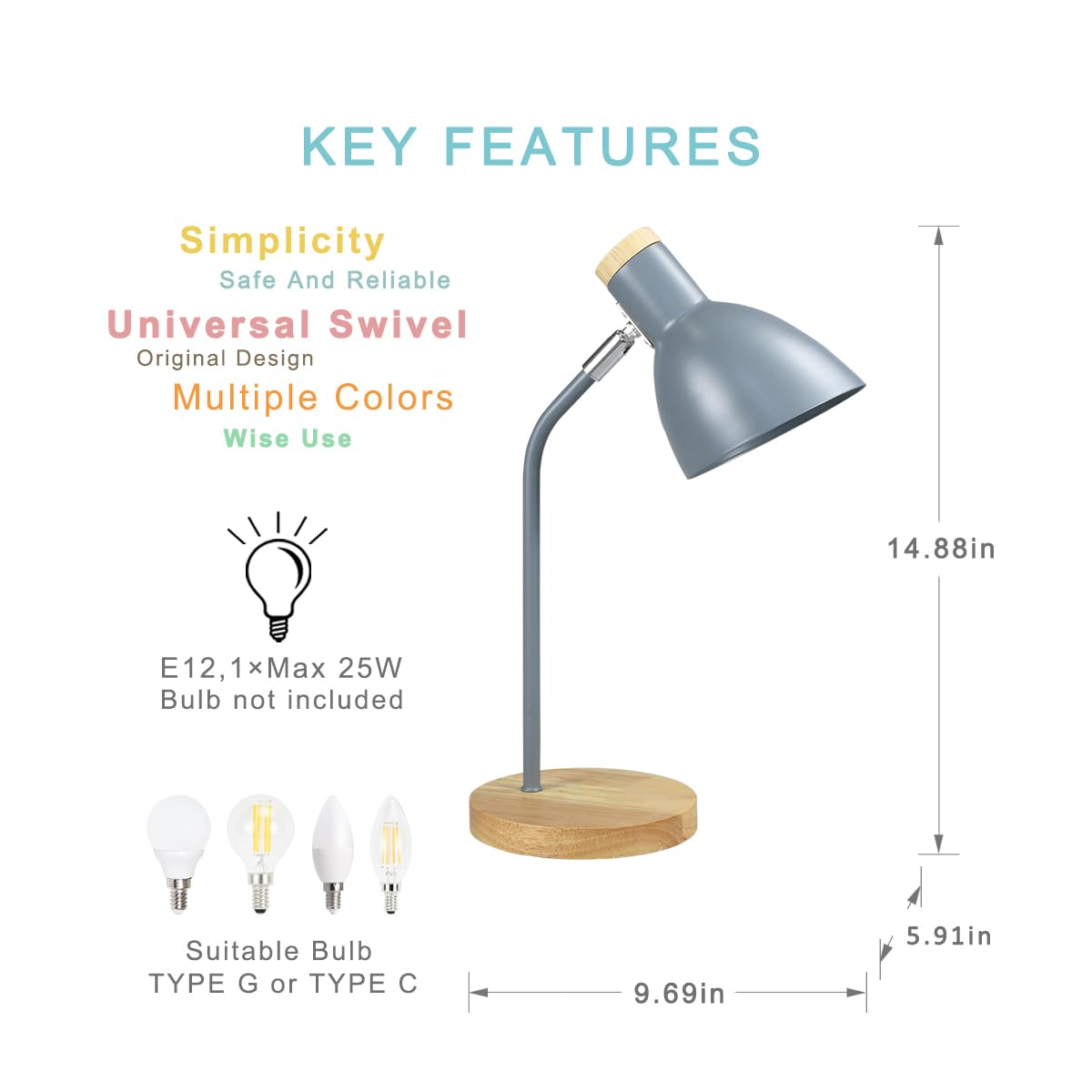 Lampwell Helle Grey Adjustable Desk Lamp - Metal, 9.69X5.91X14.88In, Ideal For Home Office, Bedrooms, Kids, Students, Model 21904