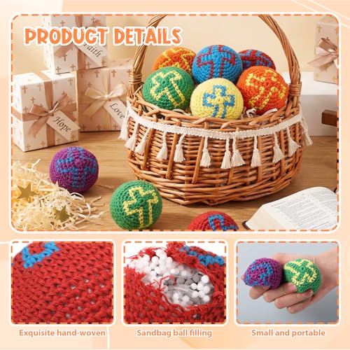 Teyva Daily 24 Pcs Christian Knitted Sack Balls Religious Cross Christian Hacky Balls Juggling Ball for Easter Sunday Scho...