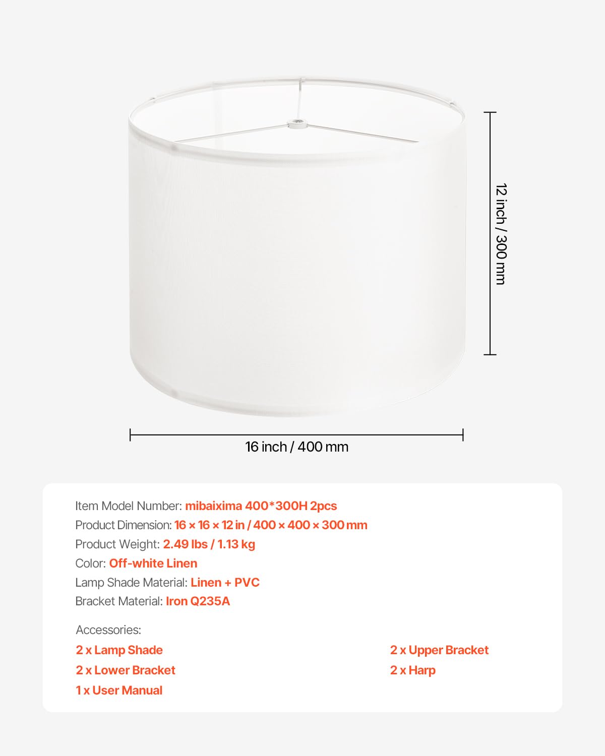 Vevor Drum Lamp Shade 2 Set  16 In Top X 16 In Bottom X 12 In High  Large Lampshade With Harp  Replacement Lamp Shade For Table Lamps Floor Lamps Pendant Lights  Easy Assembly Required (Off-White)