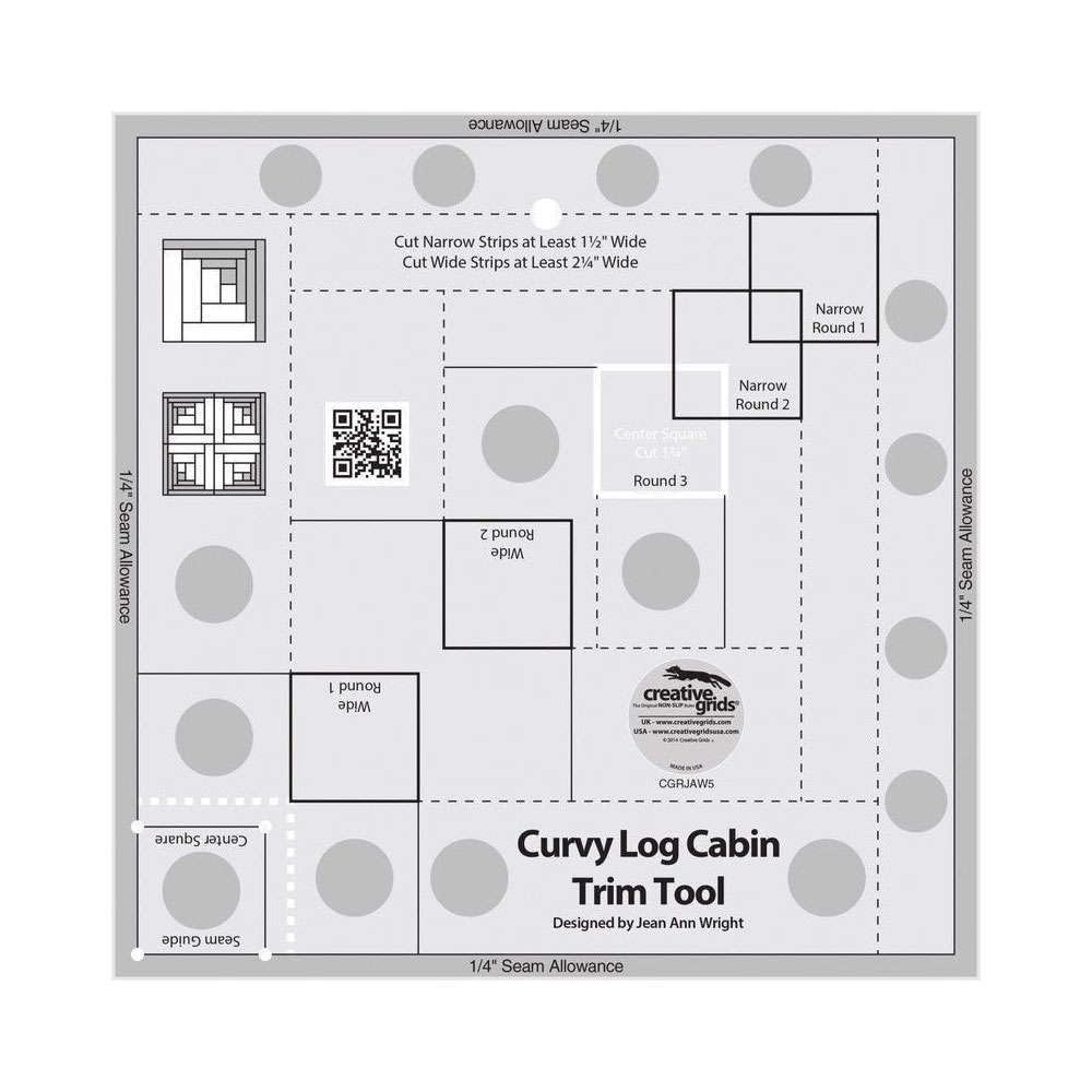 Creative Grids Curvy Log Cabin Trim Tool Quilt Ruler – CGRJAW5 – Made in USA, 8-1/2in x 8-1/2in, Non-Slip Grip Acrylic Quilting, Sewing, Crafting, Patchwork Ruler & Template
